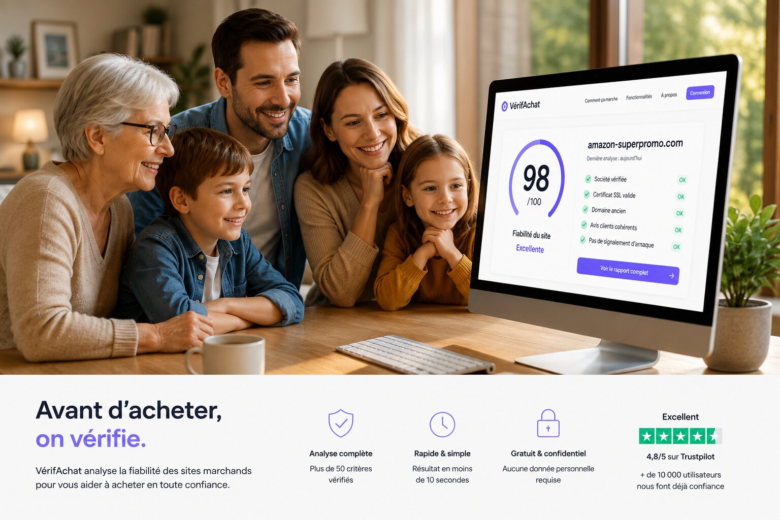 Famille souriante consultant VérifAchat